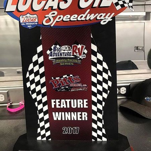 Trophy from the feature win at the Lucas Oil Speedway in Wheatland, Mo., on Thursday, June 29, 2017.