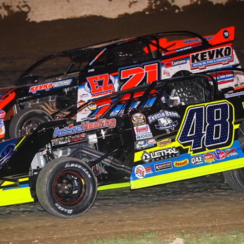 Brett Dutenhoffer (48) and Jacob Bleess (21) started on the front row of the main event at the 3rd Annual RHRSwag.com Summersota Modified Nationals at the I-94 Speedway in Fergus Falls, Minn., on Friday, May 19, 2017.