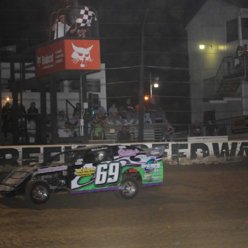 Coming across the line for my first feature win at Deercreek Speedway.