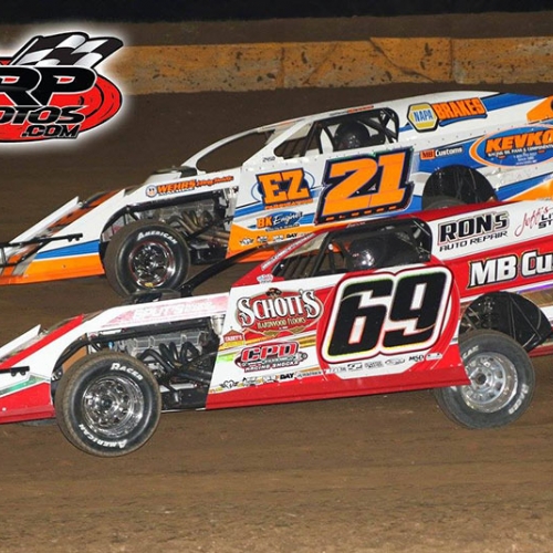 Racing with fellow Chatfield, Minn., driver Jacob Bleess at the Cedar Lake Speedway in New Richmond, Wis., on Saturday, April 16, 2016.