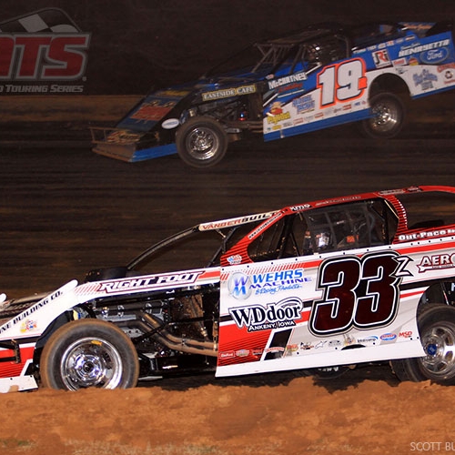Battling with Ryan Gustin in the USMTS main event at the Ark-La-Tex Speedway in Vivian, La., on Friday, March 3, 2017.